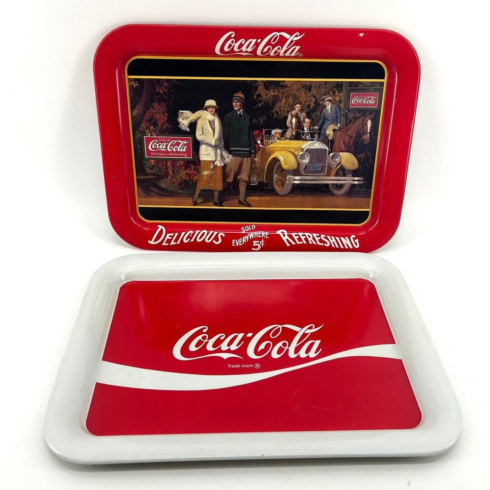 Vintage Lot 2 Metal Serving Trays 1987 Coca-Cola Touring Car & Classic Red Logo